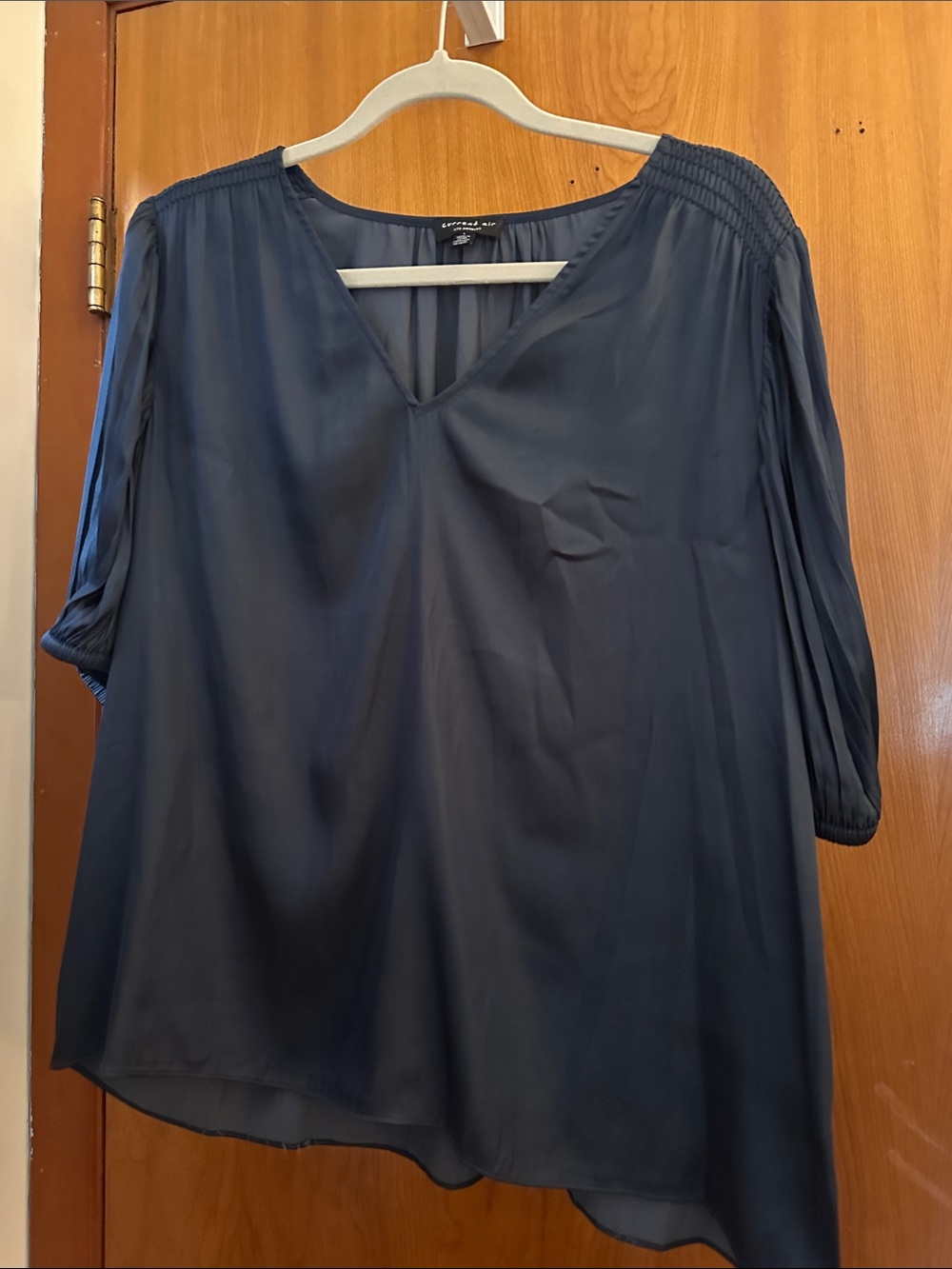Current Air Navy V-Neck Smocked-Shoulder Tunic Top